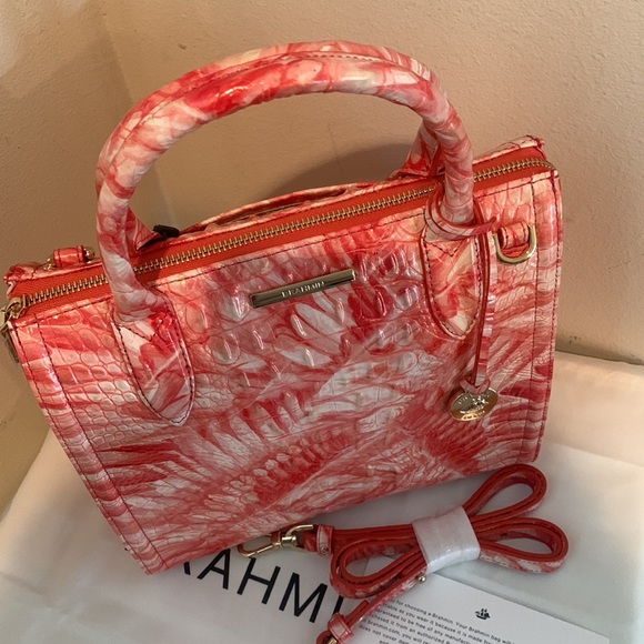 Brahmin Melbourne Small Pink Flamingo Caroline Crocodile-Embossed Satchel Bag - Picture 3 of 15